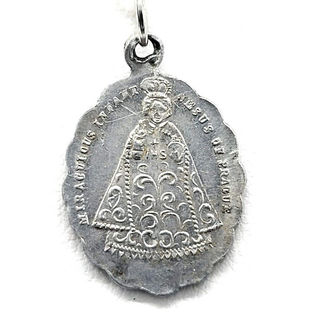 Catholic Infant Jesus of Prague & Sacred Heart Medal Pendant Silver Tone Vintage